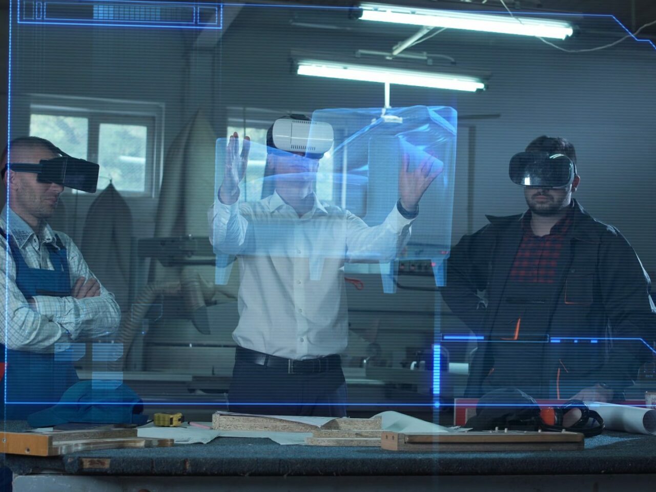 Arbeiter verwenden Virtual-Reality-Brillen in einer Tischlerei-Werkstatt.