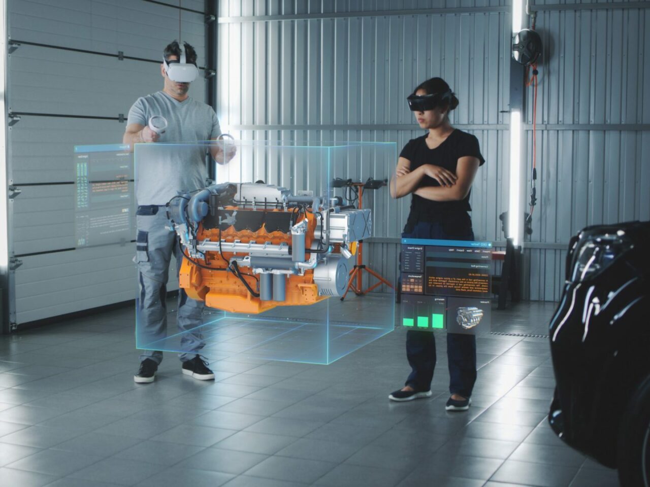 Zwei Service-Manager-Ingenieure verwenden Virtual-Reality-Technologie, um einen umweltfreundlichen Automotor mit einer erweiterten Realitäts-Schnittstelle und einer 3D-Motorvisualisierung zu diagnostizieren.