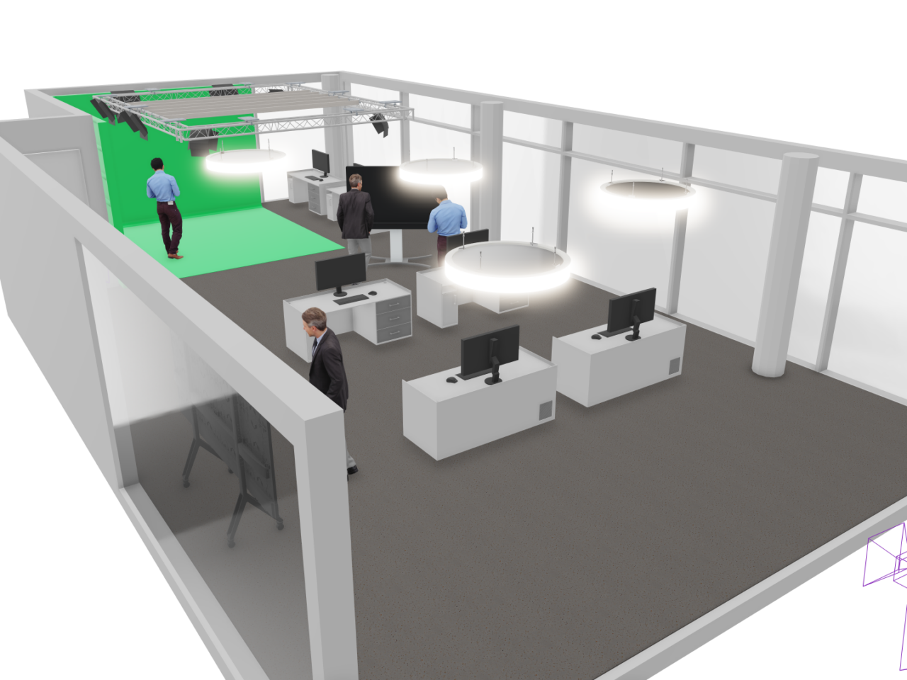 Ein schematisches Bild eines Open Offices zeigt eine dynamische Arbeitsumgebung, in der Mitarbeiter zusammenarbeiten. In einer Ecke befindet sich eine grüne VR Cave, die das Arbeiten mit Virtual Reality illustriert. Die Szene vermittelt den Eindruck von Kreativität und Innovation, während die VR Cave auf die Integration moderner Technologien in den Arbeitsprozess hinweist.