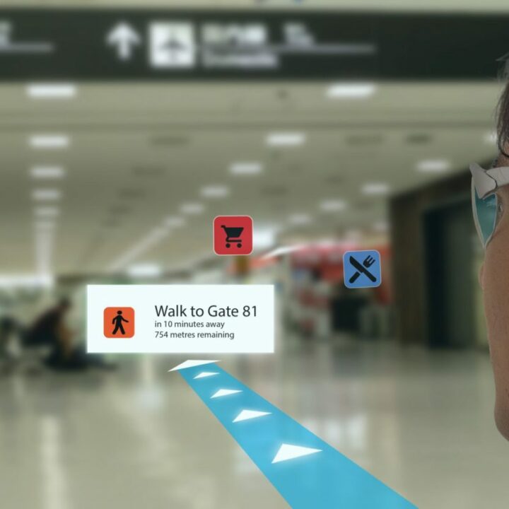 Intelligente Technologie in der Industrie, Mobile 4.0 oder 5.0 Konzept. Benutzer verwenden intelligente Brillen mit Augmented Mixed Virtual Reality-Technologie in echtem 3D, um Karten, Geschäfte und den Weg zum Gate am Flughafen anzuzeigen.