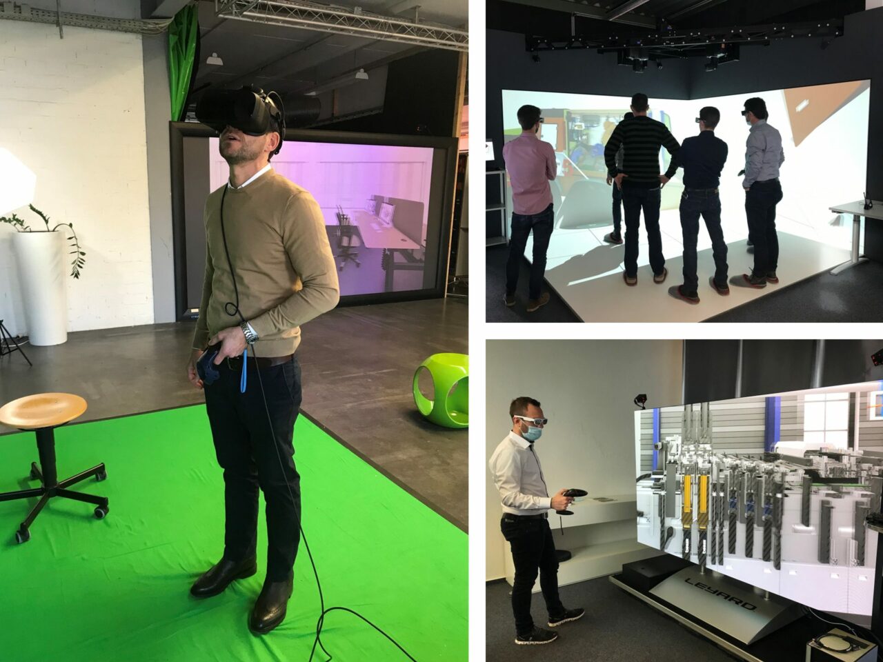 Verschiedene Gruppen von Menschen testen VR-Software und -Hardware. Sie tragen Virtual-Reality-Brillen. Das Bild zeigt IMSYS als XR-Agentur.